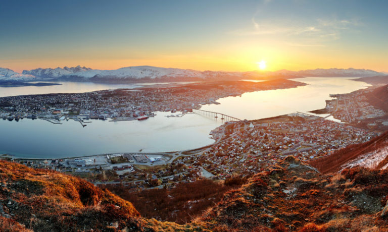 Norway city panorama - Tromso at sunset